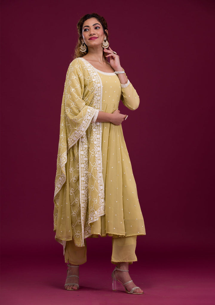 Pista Green Threadwork Georgette Readymade Salwar Kameez-Koskii