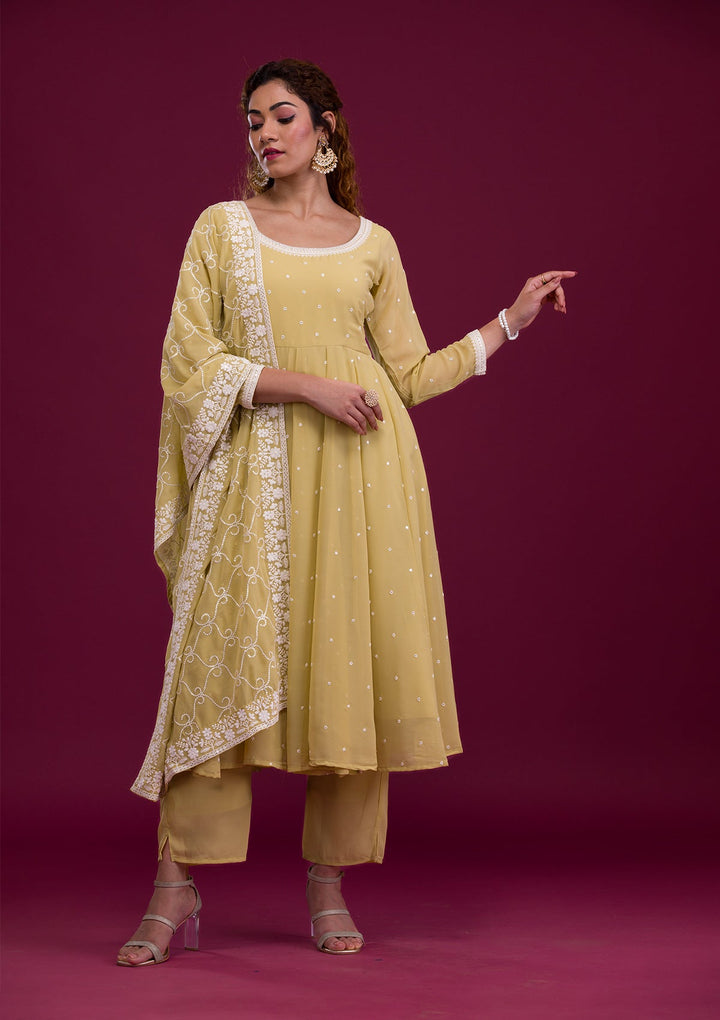 Pista Green Threadwork Georgette Readymade Salwar Kameez-Koskii