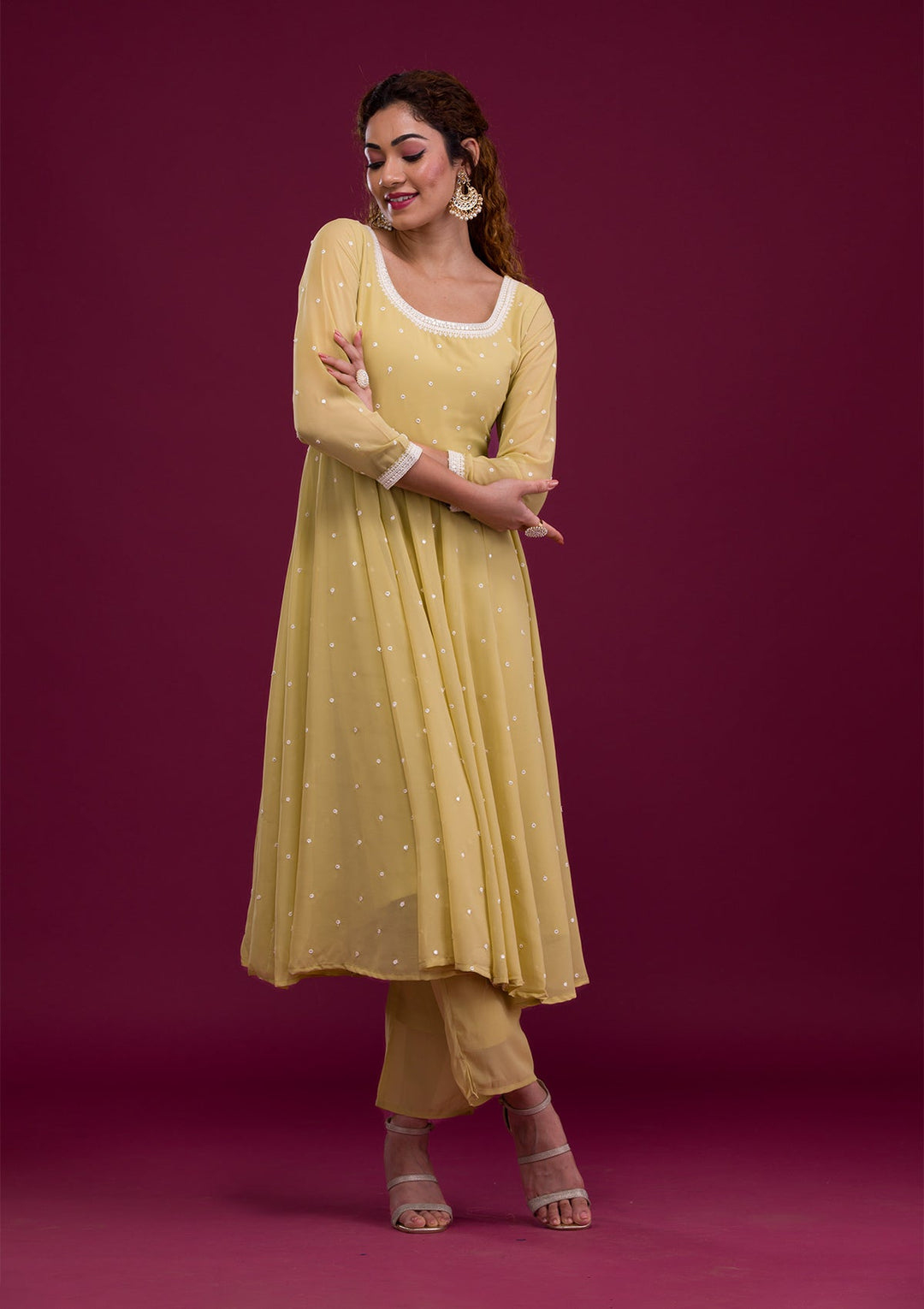 Pista Green Threadwork Georgette Readymade Salwar Kameez-Koskii