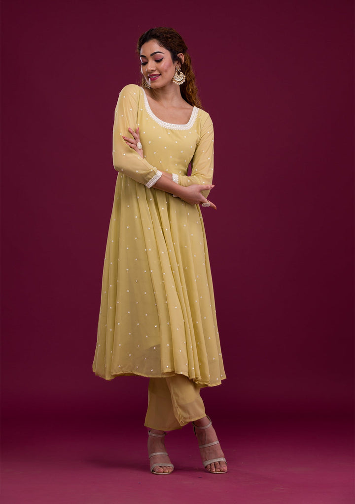 Pista Green Threadwork Georgette Readymade Salwar Kameez-Koskii