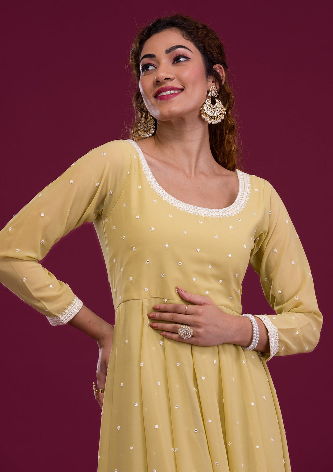 Pista Green Threadwork Georgette Readymade Salwar Kameez-Koskii