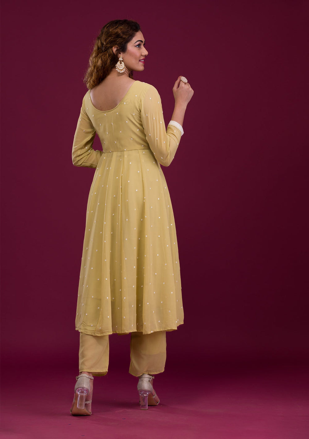 Pista Green Threadwork Georgette Readymade Salwar Kameez-Koskii