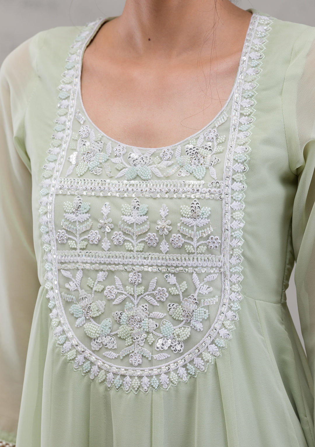 Pista Green Threadwork Georgette Readymade Salwar Kameez