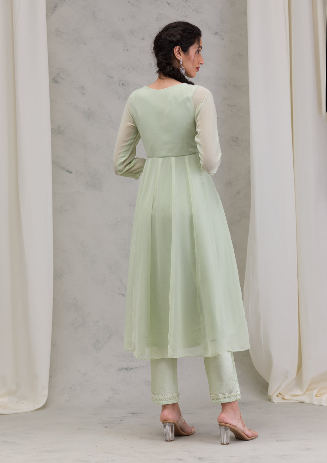 Pista Green Threadwork Georgette Readymade Salwar Kameez