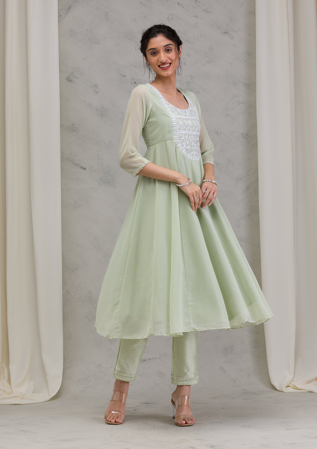 Pista Green Threadwork Georgette Readymade Salwar Kameez