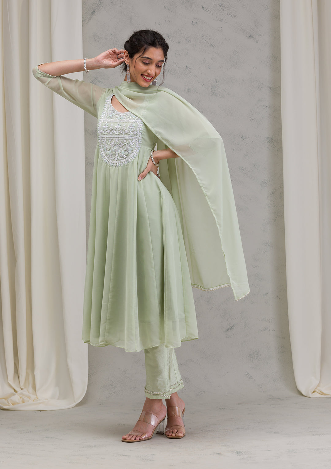 Pista Green Threadwork Georgette Readymade Salwar Kameez