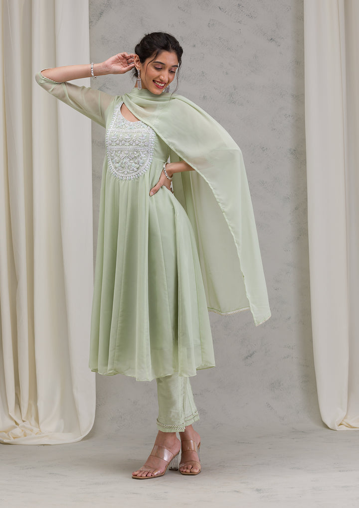 Pista Green Threadwork Georgette Readymade Salwar Kameez