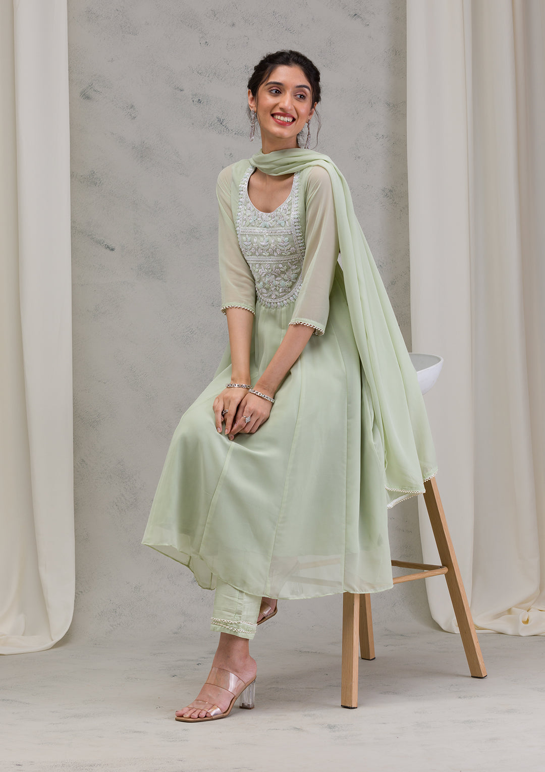 Pista Green Threadwork Georgette Readymade Salwar Kameez