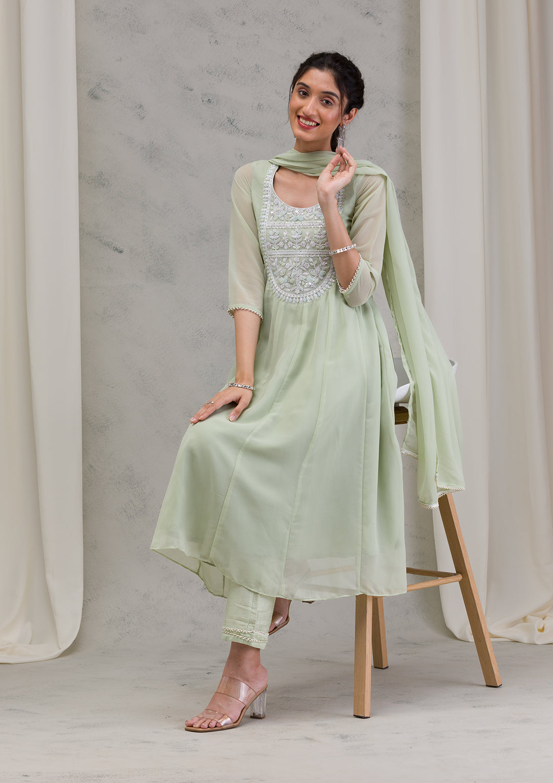 Pista Green Threadwork Georgette Readymade Salwar Kameez