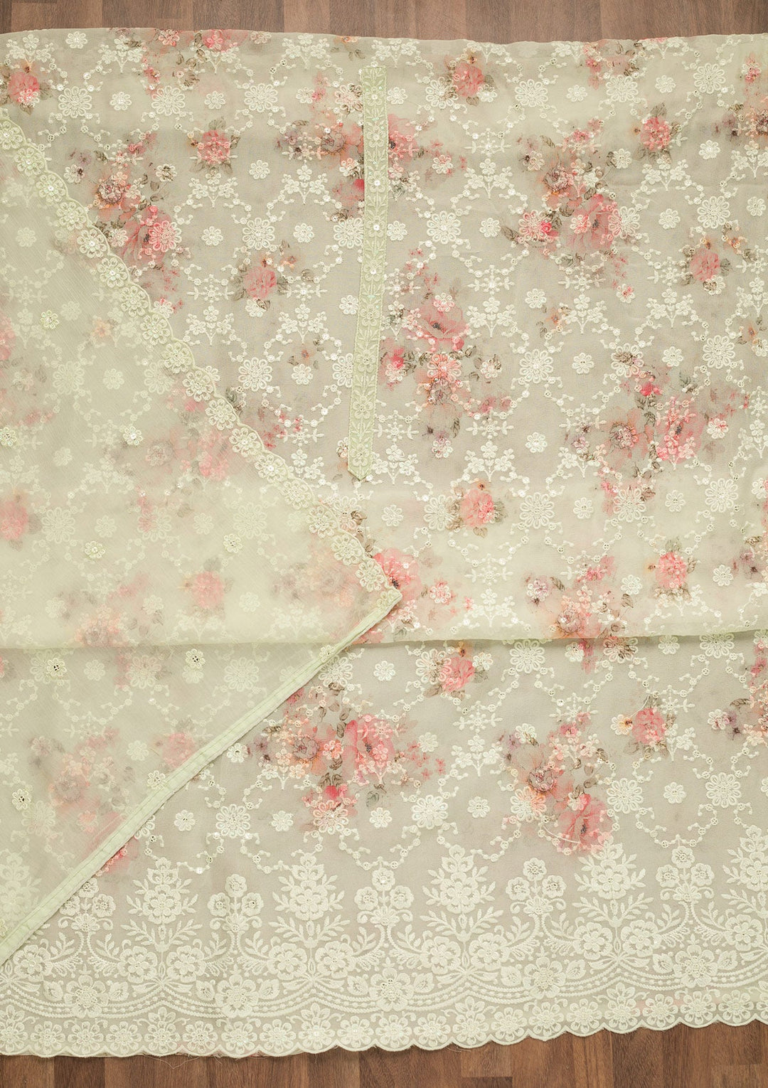 Pista Green Threadwork Georgette Unstitched Salwar Suit-Koskii