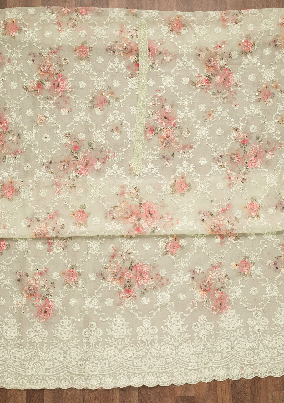 Pista Green Threadwork Georgette Unstitched Salwar Suit-Koskii