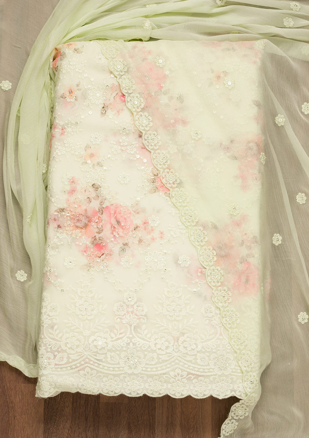 Pista Green Threadwork Georgette Unstitched Salwar Suit-Koskii