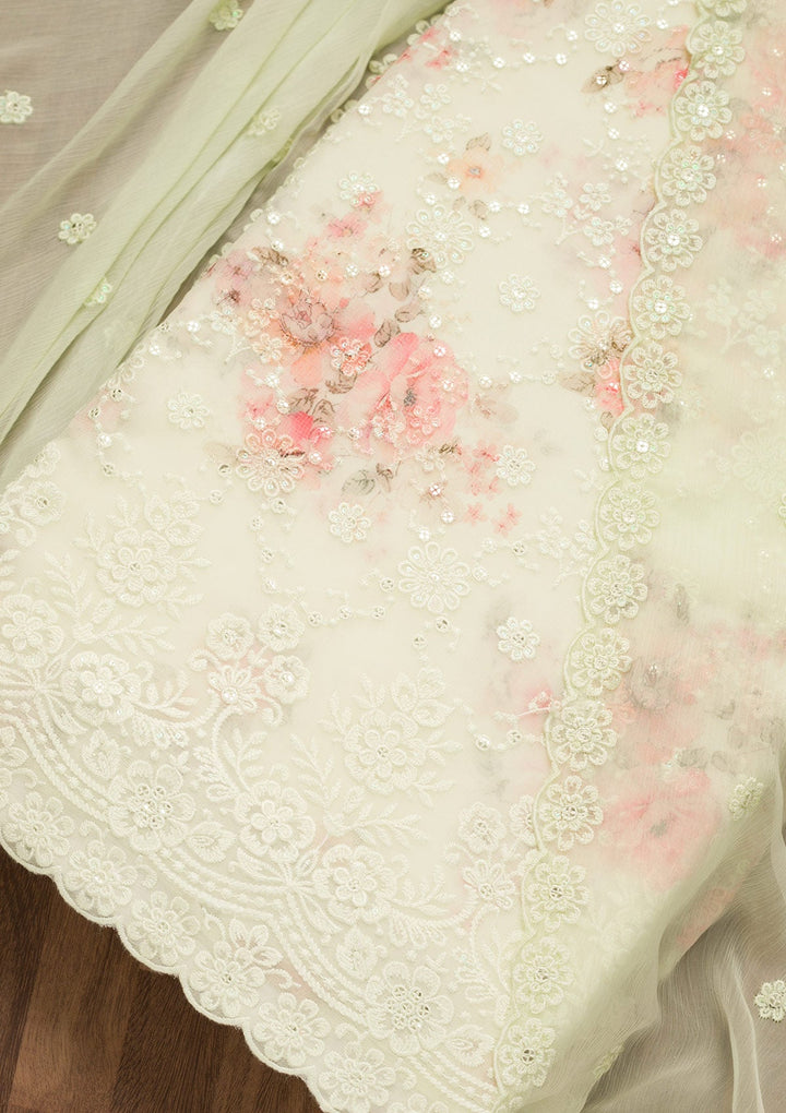 Pista Green Threadwork Georgette Unstitched Salwar Suit-Koskii