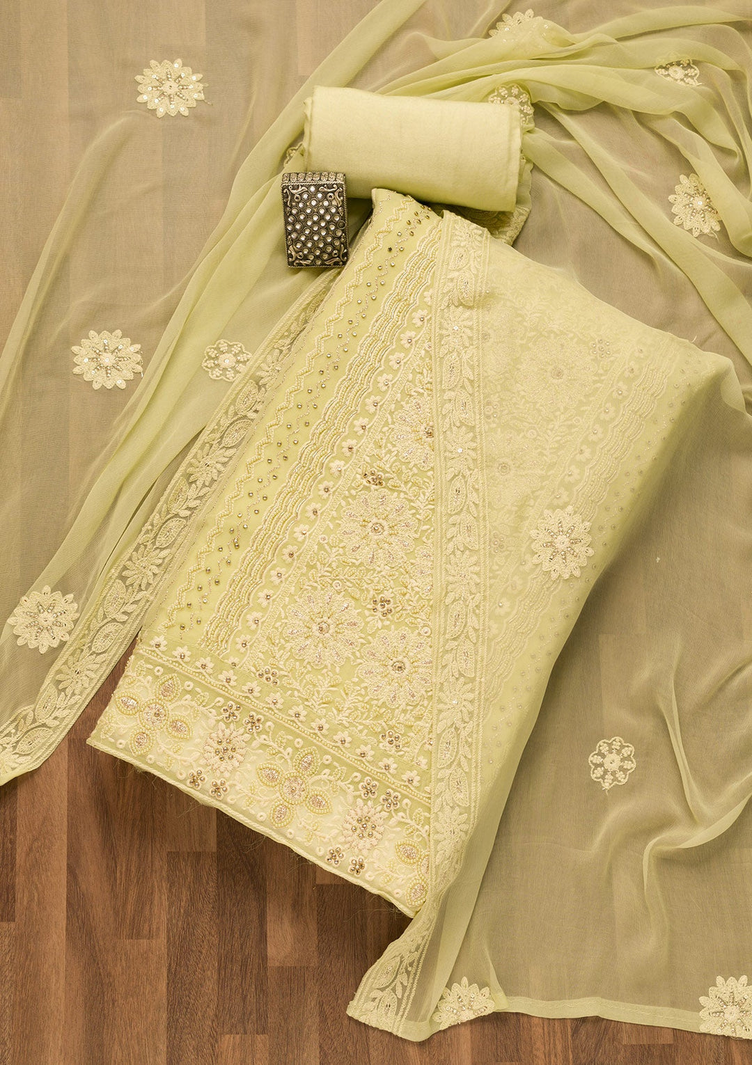 Pista Green Threadwork Georgette Unstitched Salwar Suit-Koskii