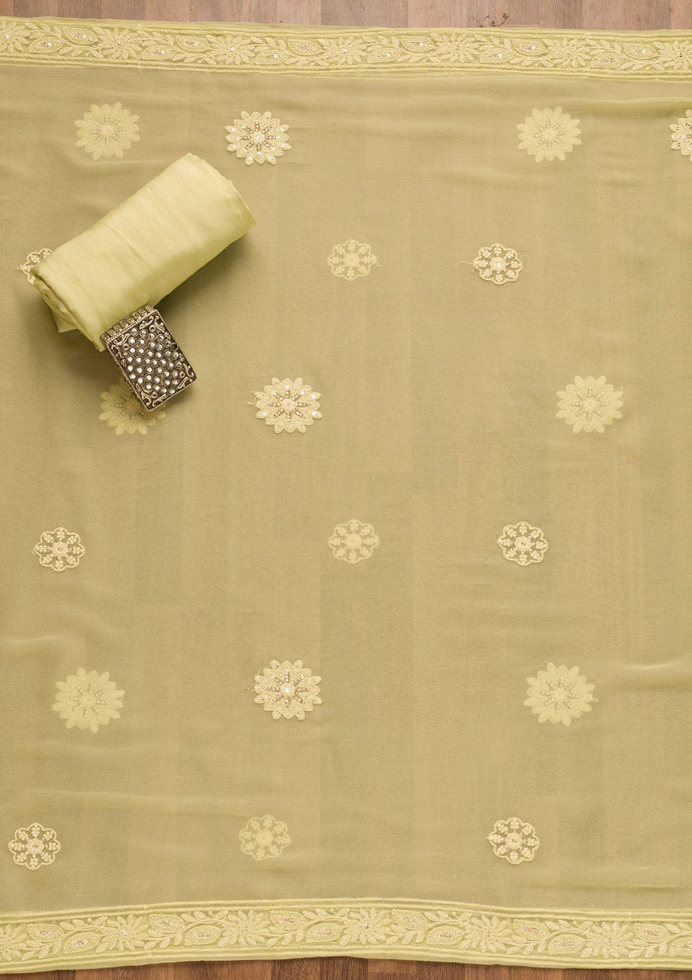 Pista Green Threadwork Georgette Unstitched Salwar Suit-Koskii