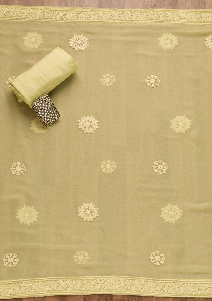 Pista Green Threadwork Georgette Unstitched Salwar Suit-Koskii
