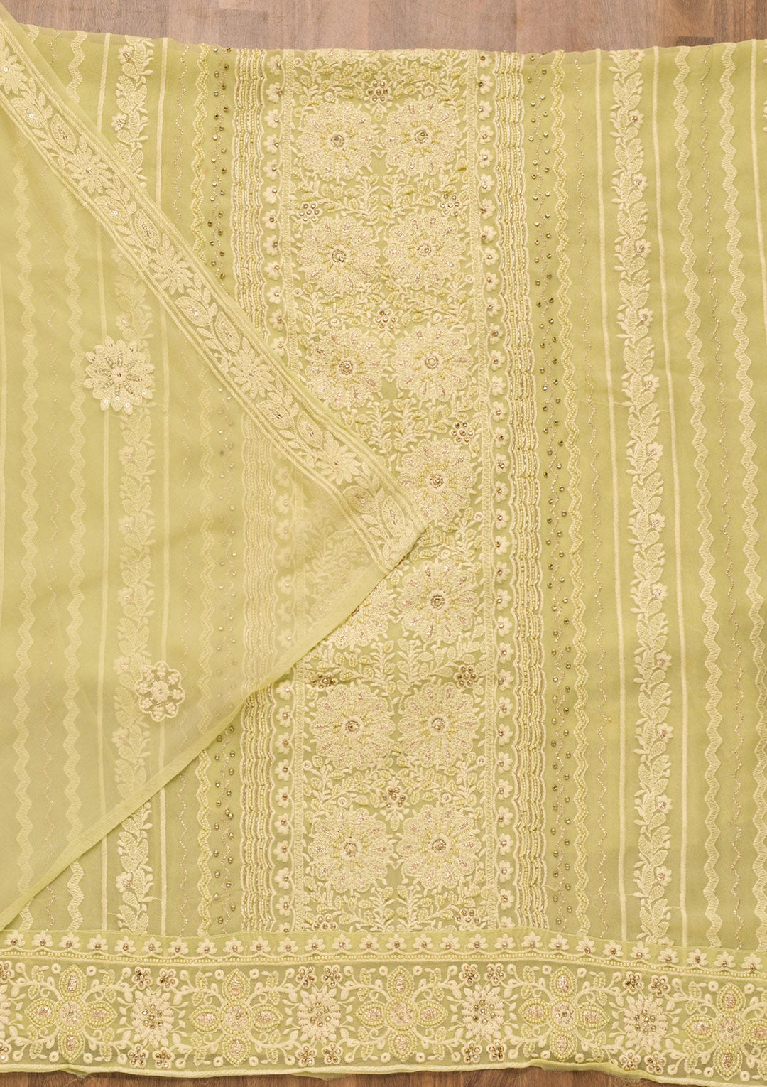 Pista Green Threadwork Georgette Unstitched Salwar Suit-Koskii