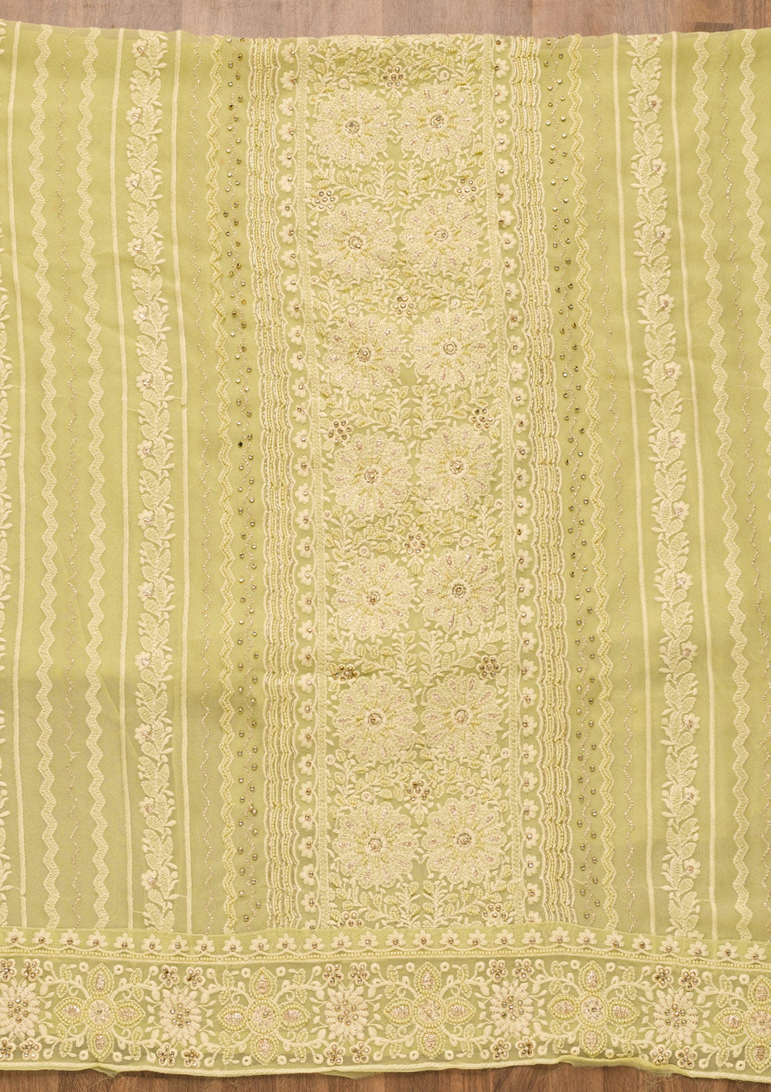 Pista Green Threadwork Georgette Unstitched Salwar Suit-Koskii
