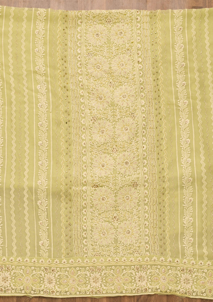 Pista Green Threadwork Georgette Unstitched Salwar Suit-Koskii