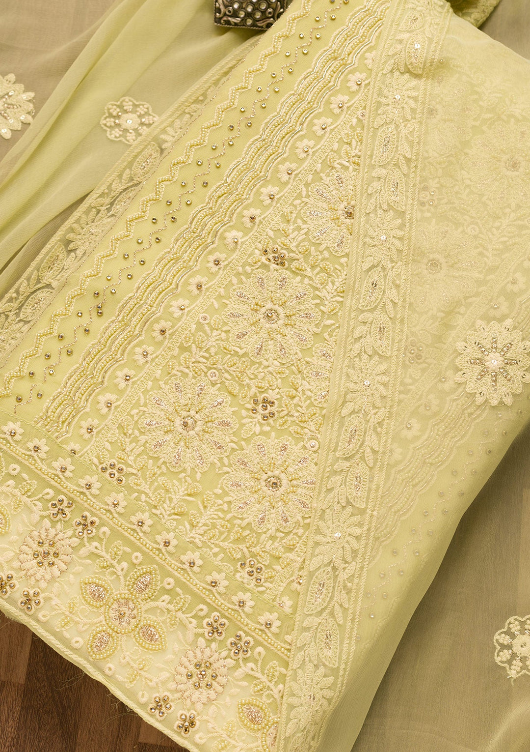 Pista Green Threadwork Georgette Unstitched Salwar Suit-Koskii