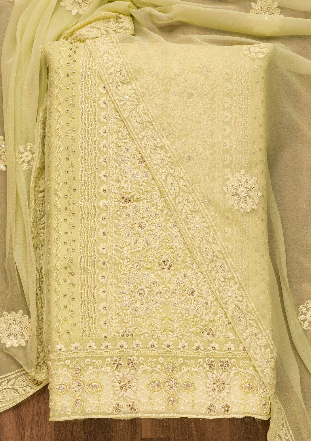Pista Green Threadwork Georgette Unstitched Salwar Suit-Koskii
