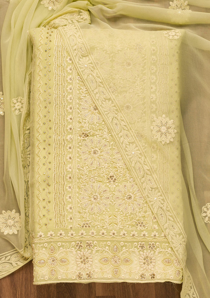 Pista Green Threadwork Georgette Unstitched Salwar Suit-Koskii