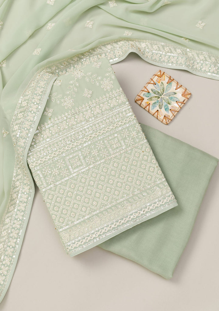 Pista Green Threadwork Georgette Unstitched Salwar Suit-Koskii
