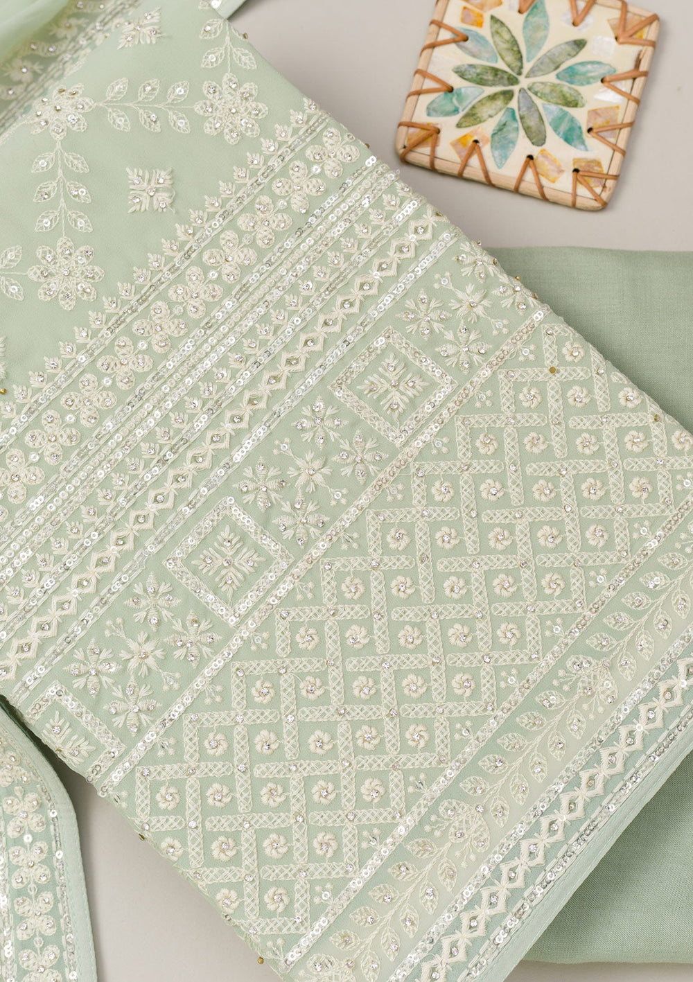 Pista Green Threadwork Georgette Unstitched Salwar Suit-Koskii