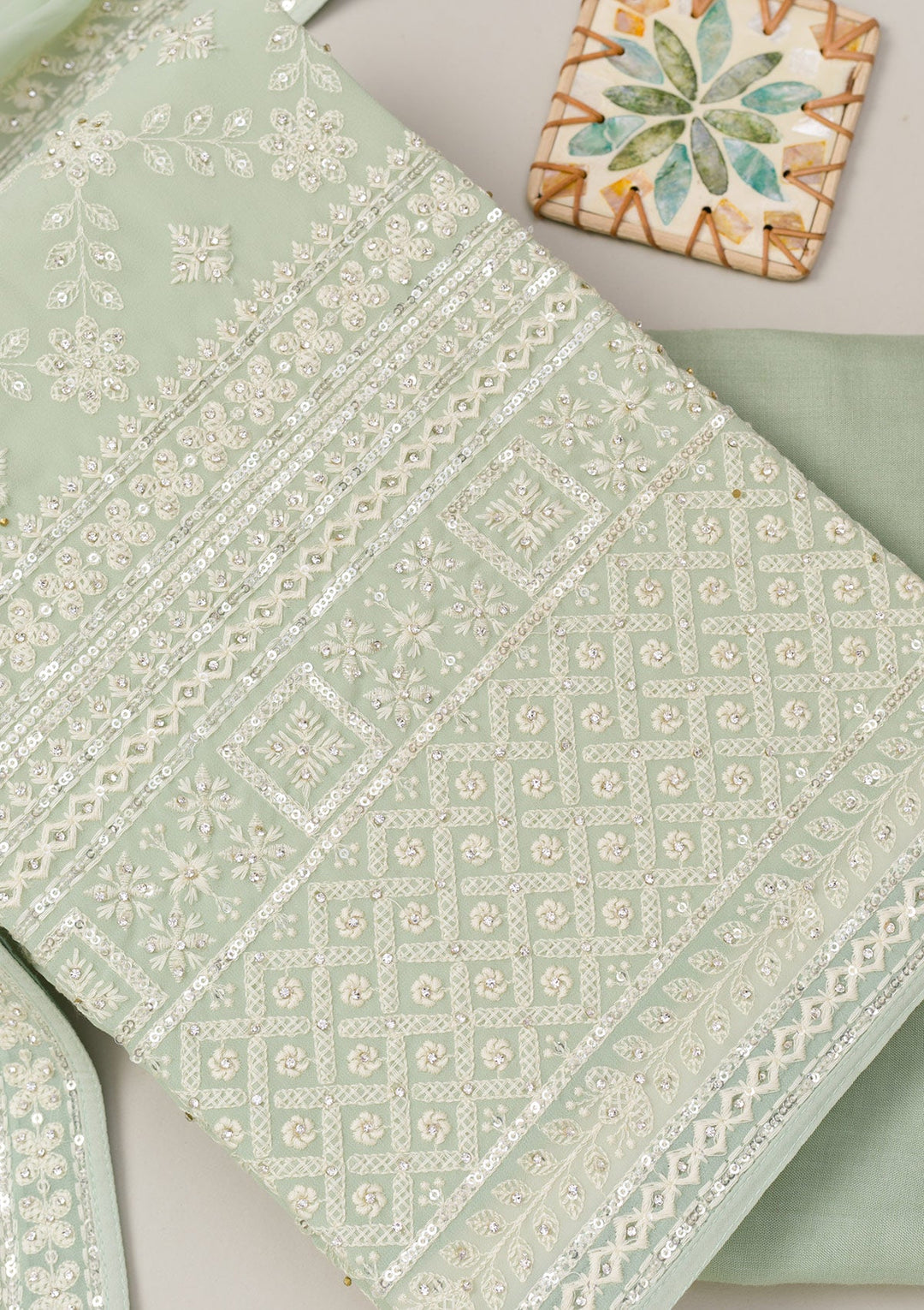 Pista Green Threadwork Georgette Unstitched Salwar Suit-Koskii