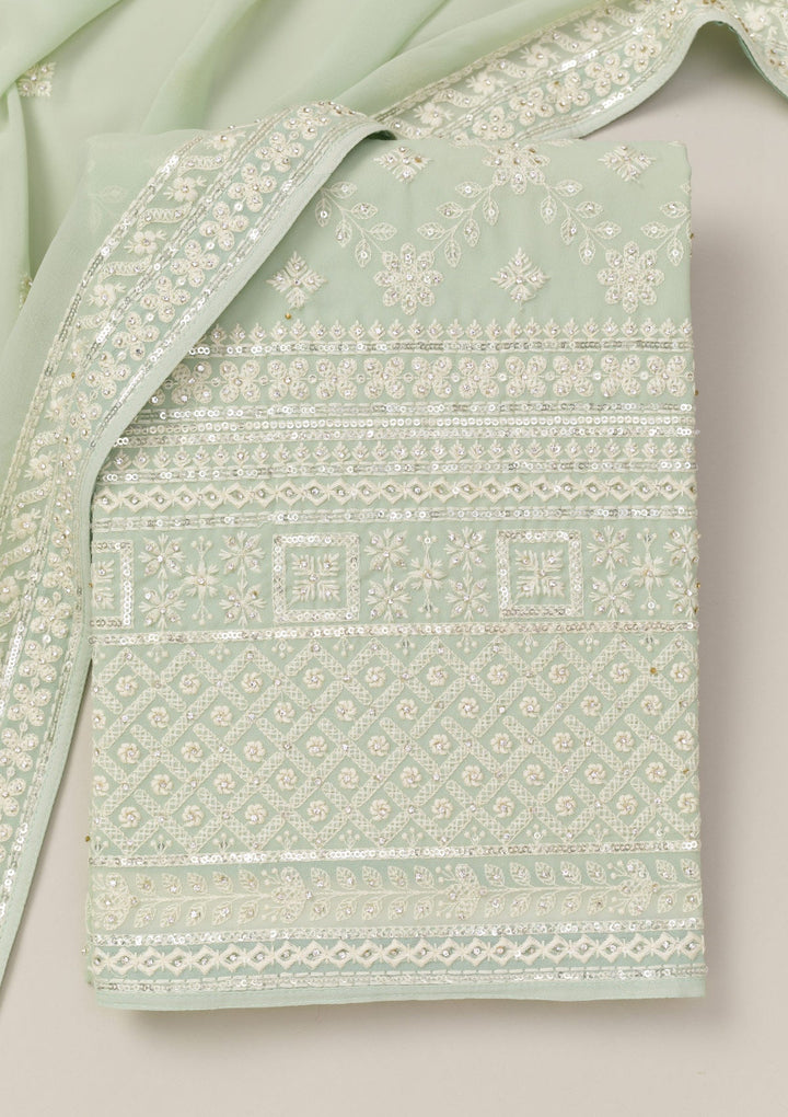 Pista Green Threadwork Georgette Unstitched Salwar Suit-Koskii