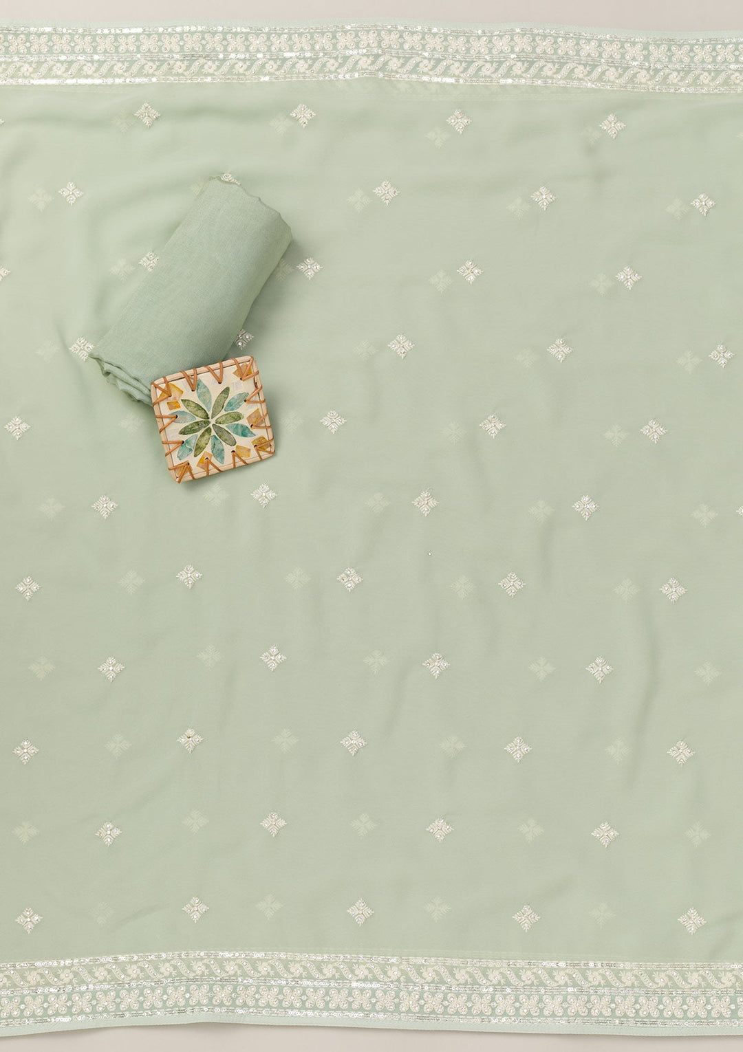 Pista Green Threadwork Georgette Unstitched Salwar Suit-Koskii