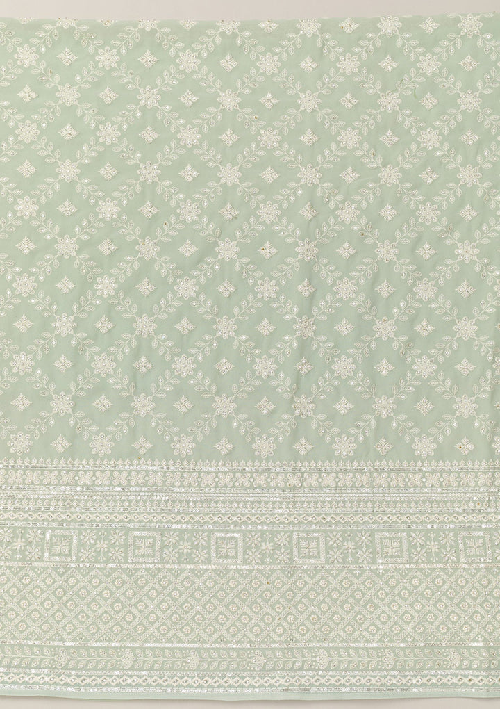 Pista Green Threadwork Georgette Unstitched Salwar Suit-Koskii