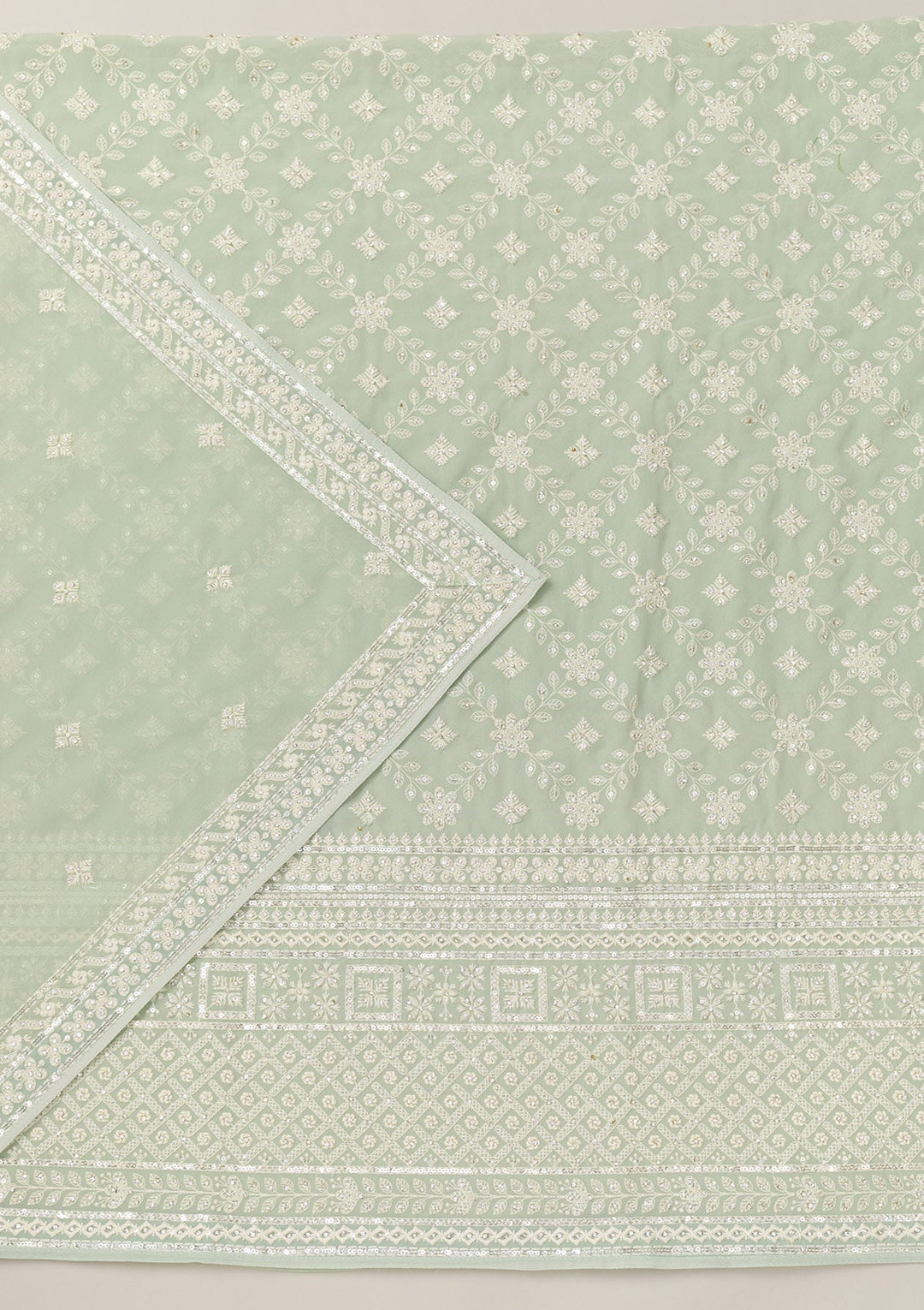 Pista Green Threadwork Georgette Unstitched Salwar Suit-Koskii