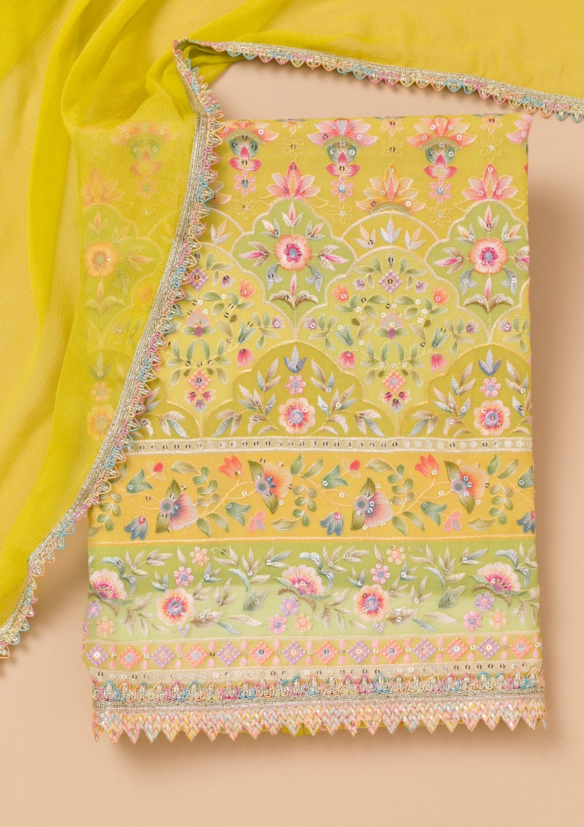 Pista Green Threadwork Georgette Unstitched Salwar Suit-Koskii