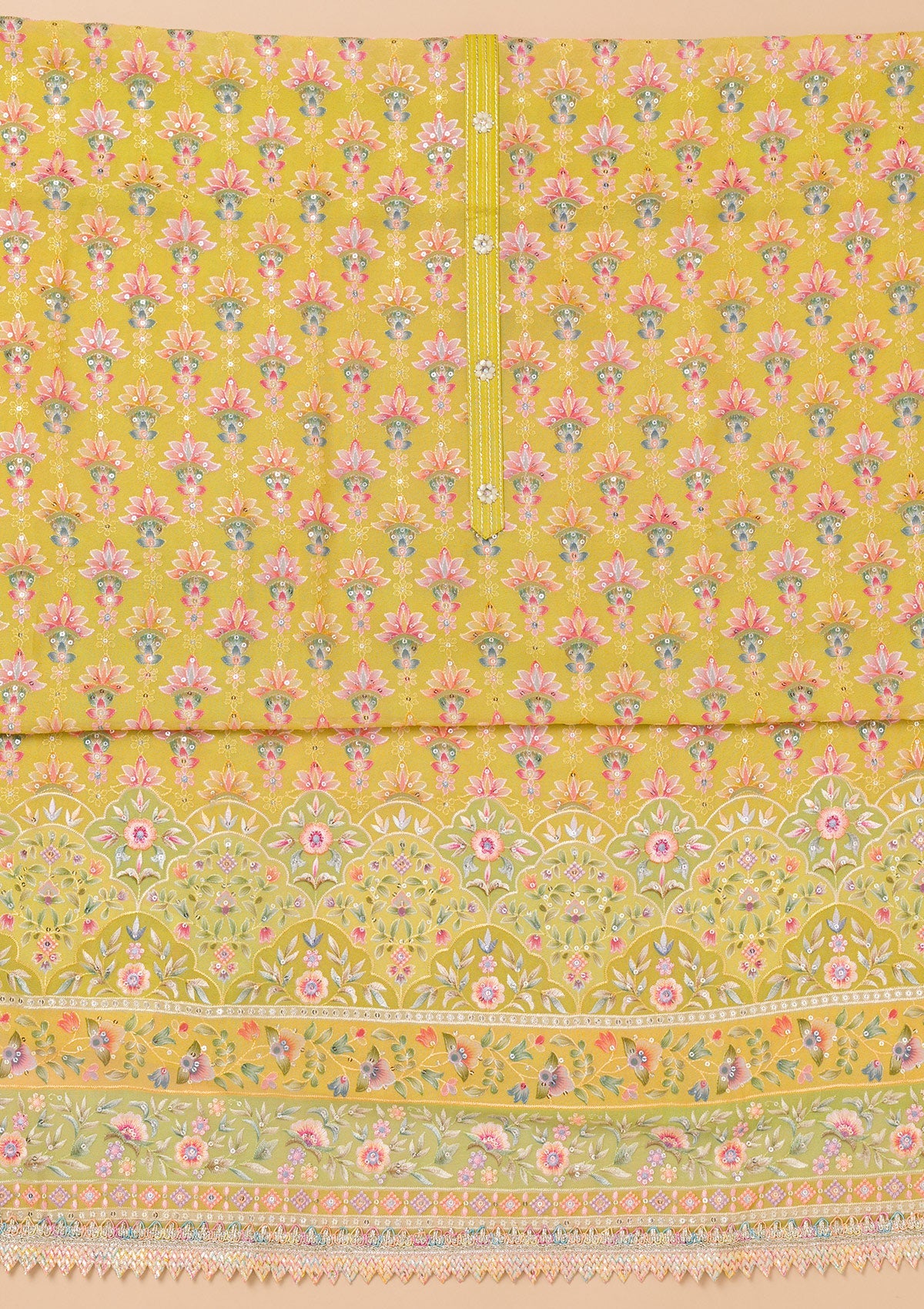 Pista Green Threadwork Georgette Unstitched Salwar Suit-Koskii