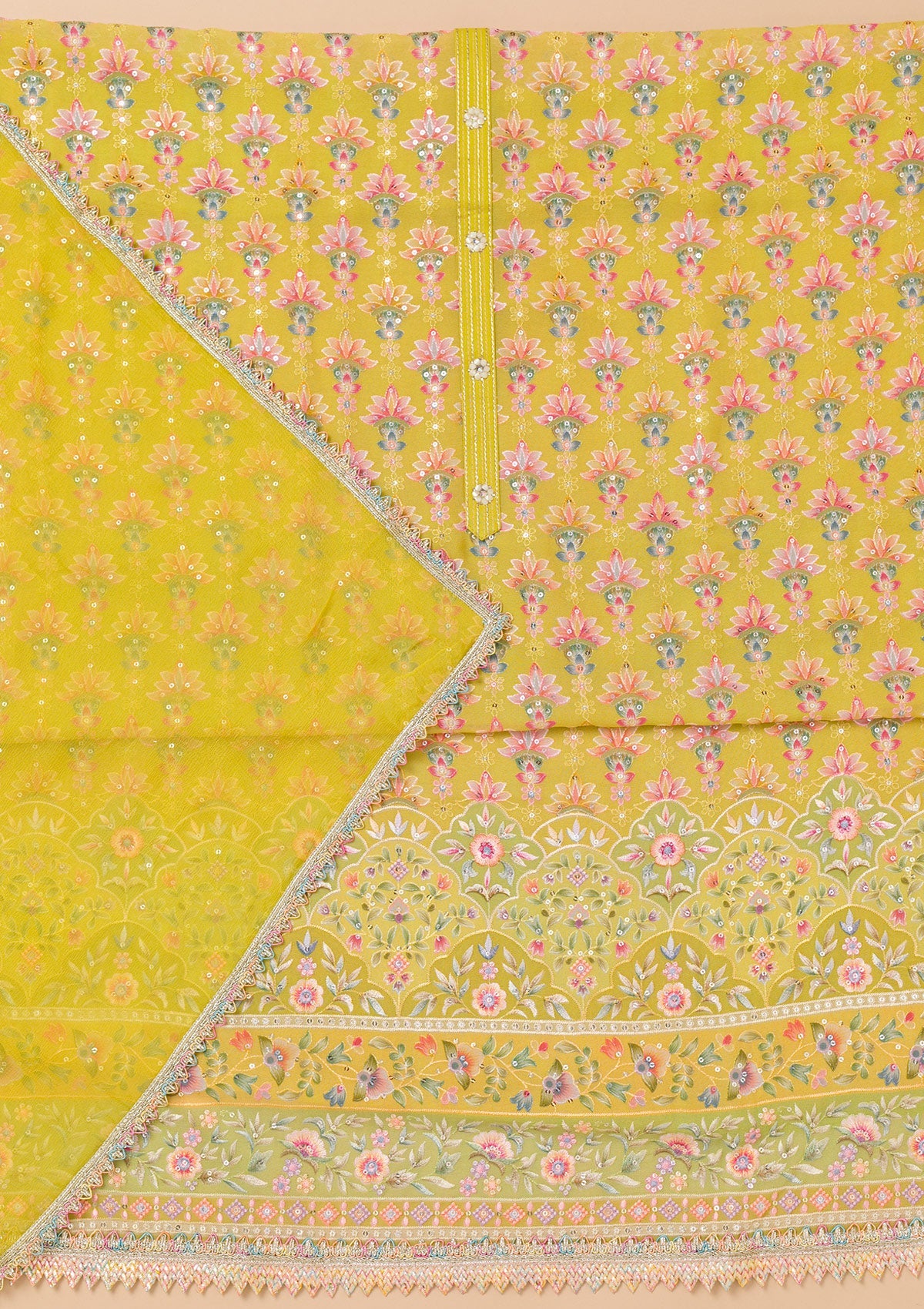 Pista Green Threadwork Georgette Unstitched Salwar Suit-Koskii
