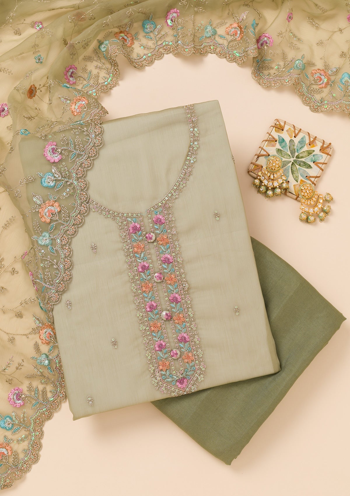 Pista Green Threadwork Georgette Unstitched Salwar Suit-Koskii