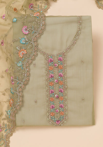 Pista Green Threadwork Georgette Unstitched Salwar Suit-Koskii