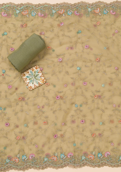 Pista Green Threadwork Georgette Unstitched Salwar Suit-Koskii