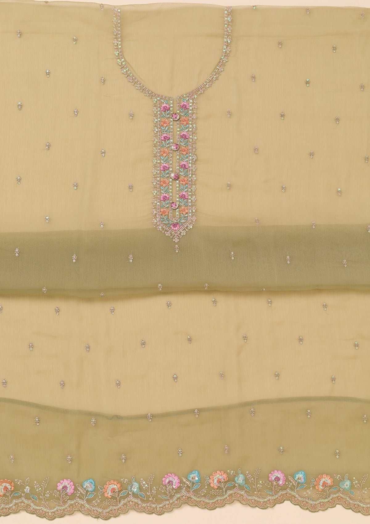Pista Green Threadwork Georgette Unstitched Salwar Suit-Koskii