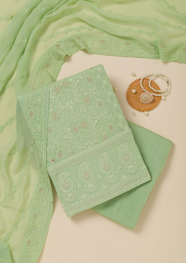 Pista Green Threadwork Georgette Unstitched Salwar Suit-Koskii