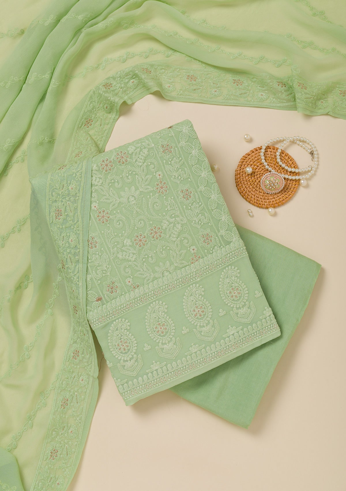 Pista Green Threadwork Georgette Unstitched Salwar Suit-Koskii