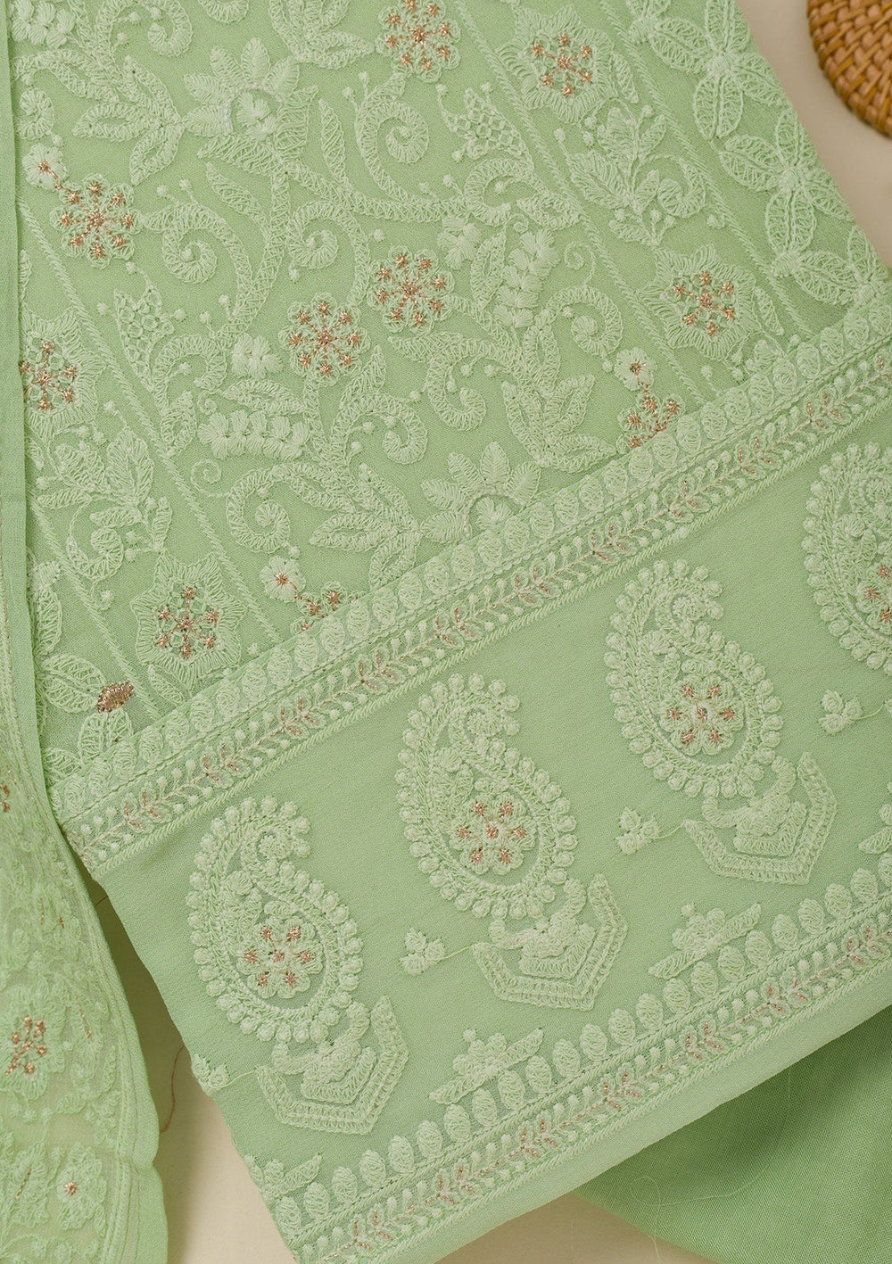 Pista Green Threadwork Georgette Unstitched Salwar Suit-Koskii