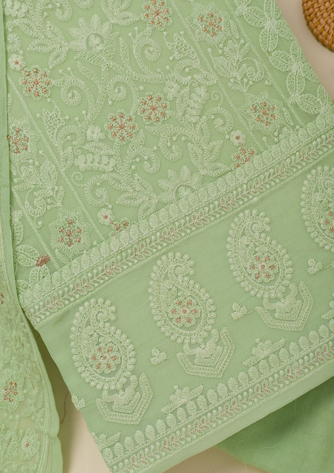 Pista Green Threadwork Georgette Unstitched Salwar Suit-Koskii
