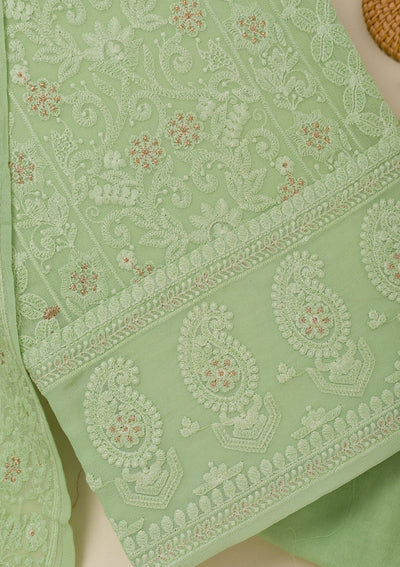 Pista Green Threadwork Georgette Unstitched Salwar Suit-Koskii