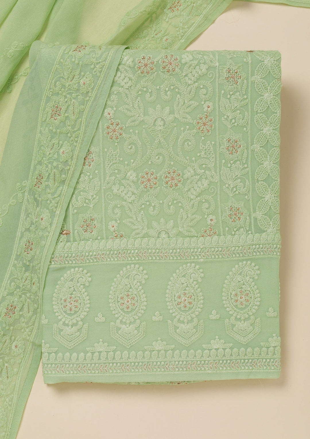 Pista Green Threadwork Georgette Unstitched Salwar Suit-Koskii