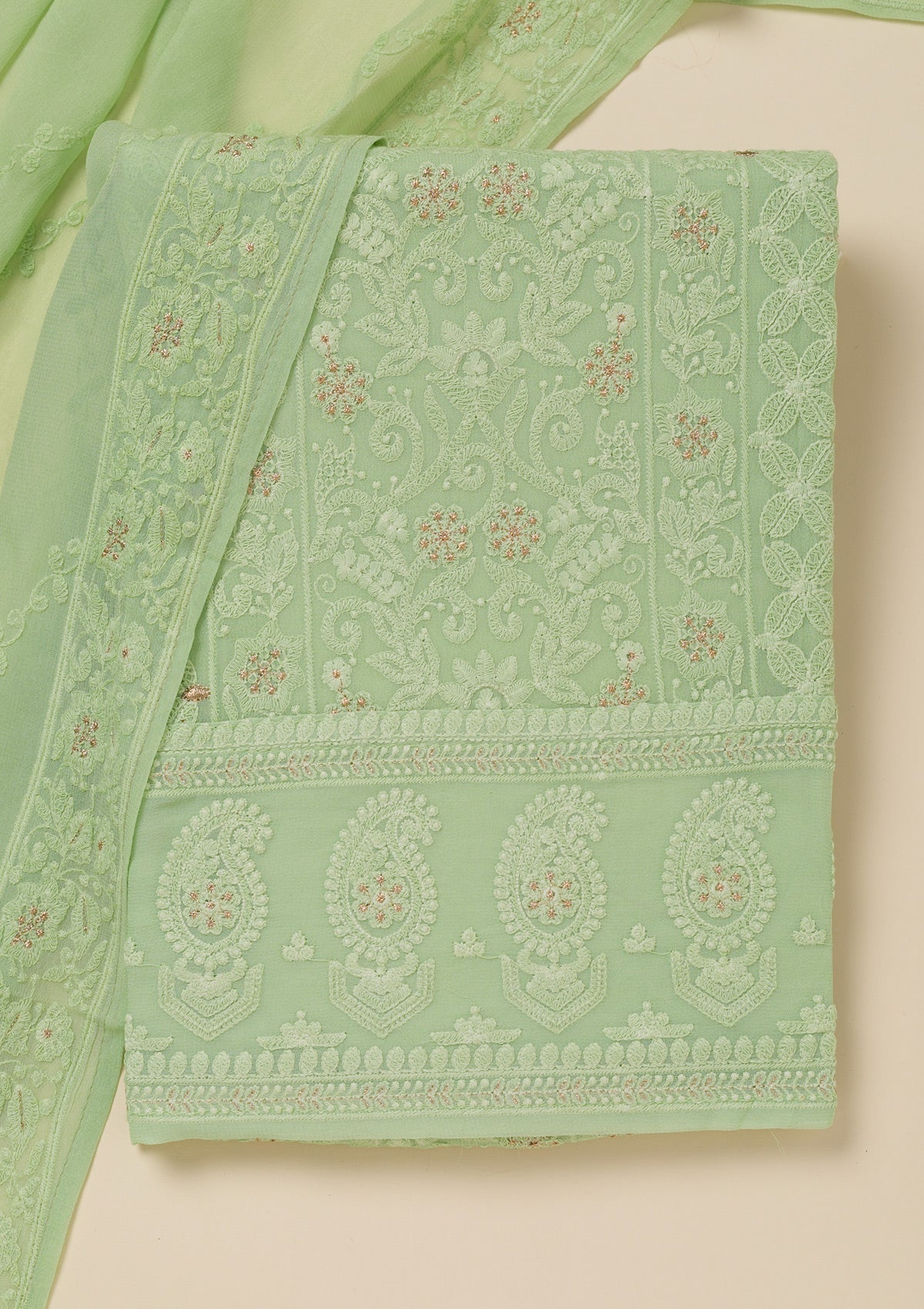 Pista Green Threadwork Georgette Unstitched Salwar Suit-Koskii