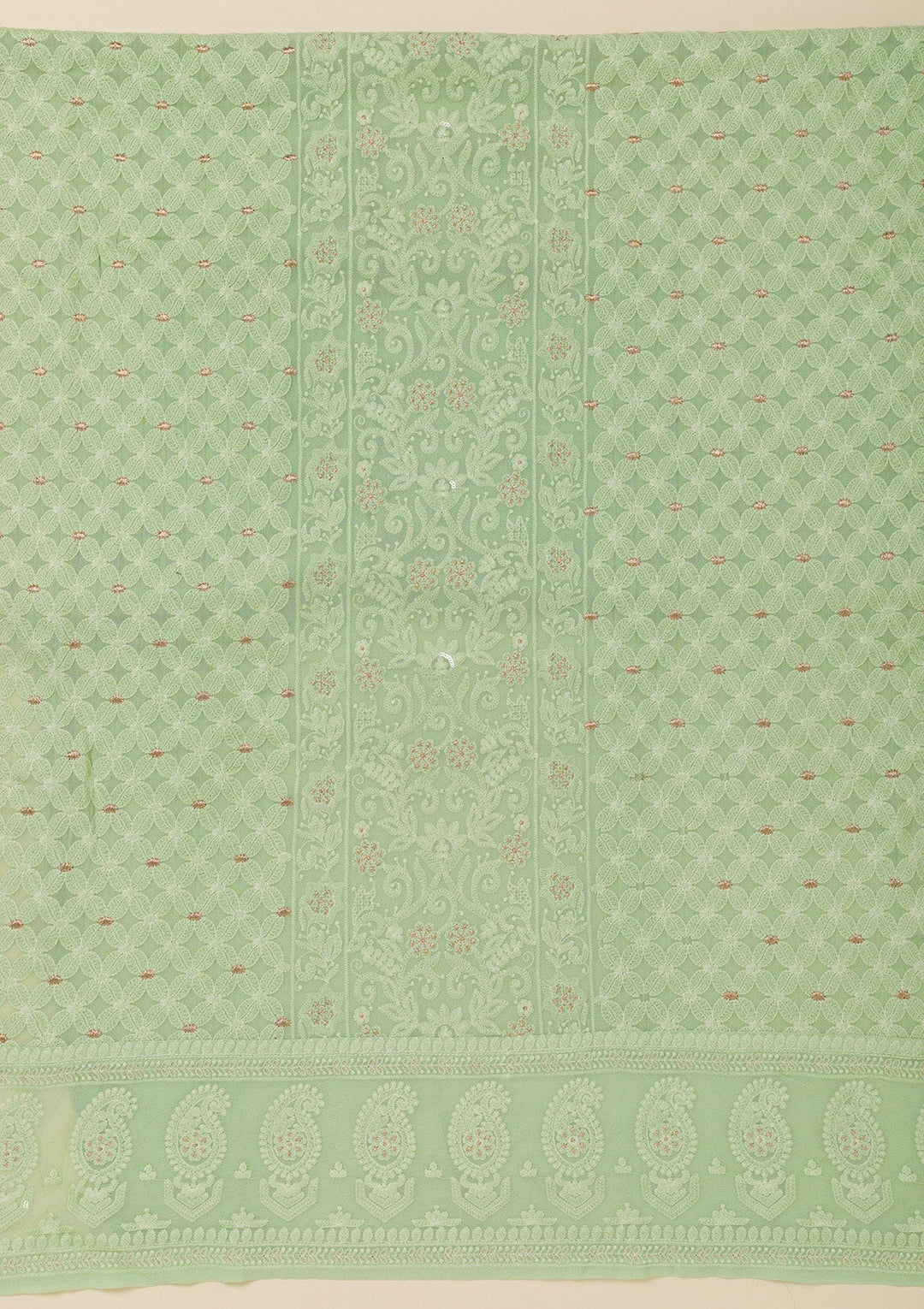Pista Green Threadwork Georgette Unstitched Salwar Suit-Koskii