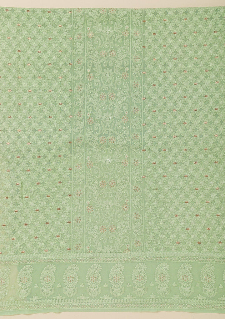 Pista Green Threadwork Georgette Unstitched Salwar Suit-Koskii