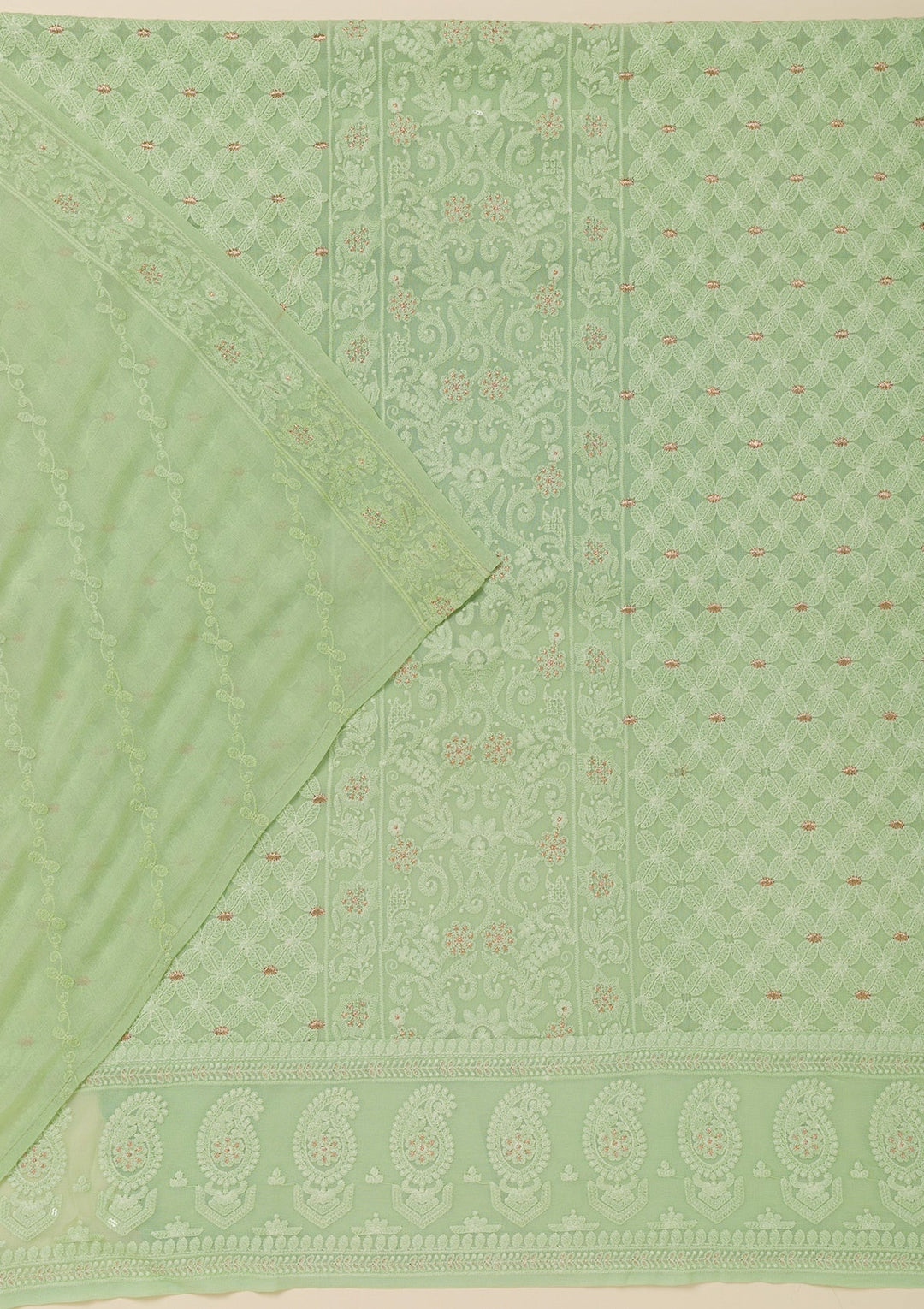 Pista Green Threadwork Georgette Unstitched Salwar Suit-Koskii